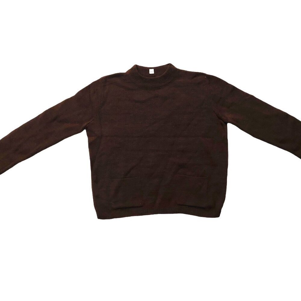 Vintage 1940s Long Sleeve Dark Brown Crew Neck Knit Sweater w/ 2 Front Pockets - Picture 2 of 10